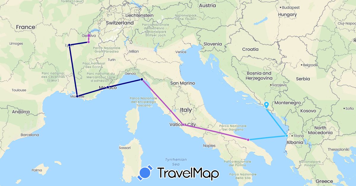 TravelMap itinerary: driving, train, boat in Albania, Switzerland, France, Croatia, Italy, Monaco (Europe)